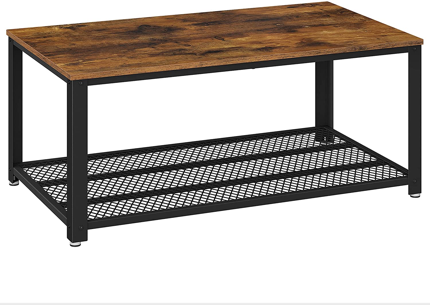 Rustic brown coffee table with metal frame and storage shelf, showcasing a stylish design suitable for any living room.