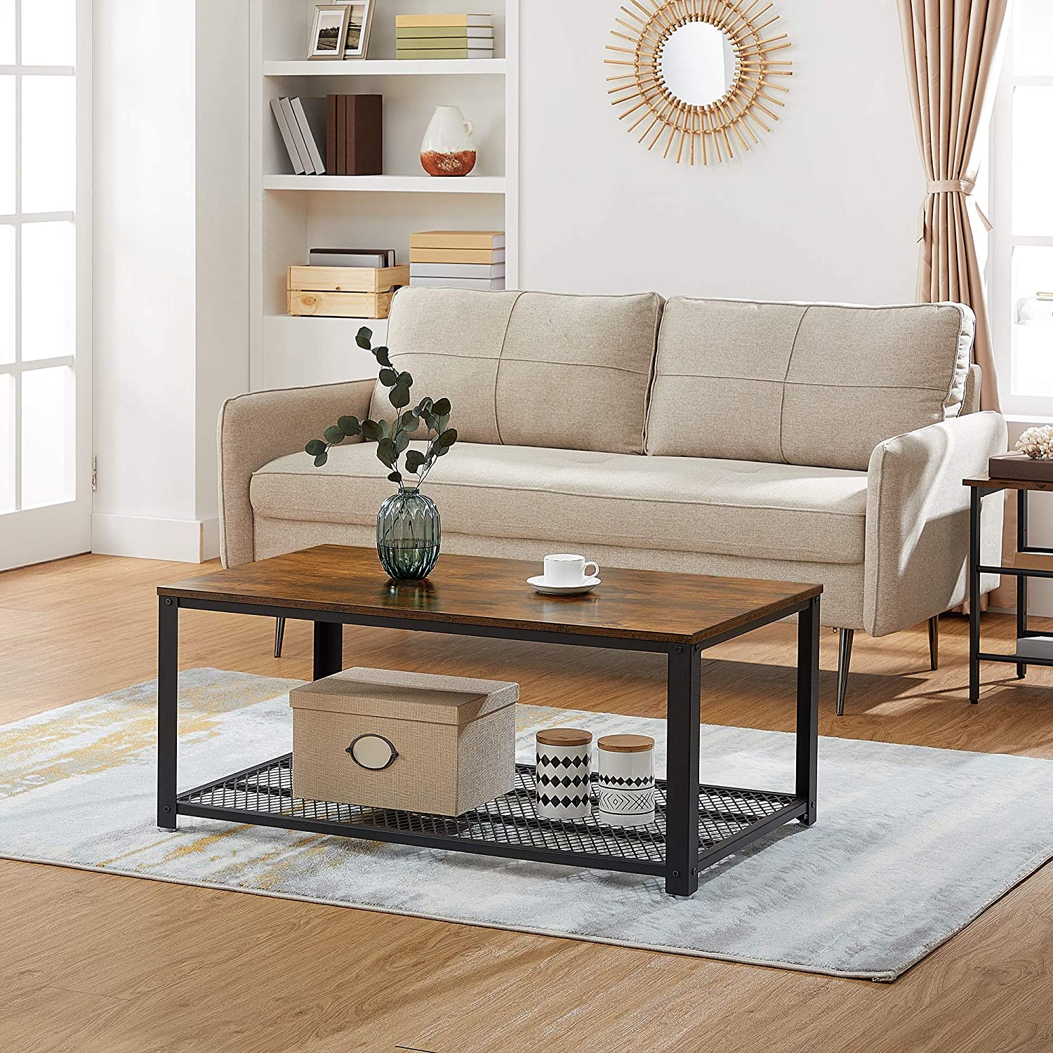 Rustic brown coffee table with metal frame and storage shelf, showcasing a stylish design suitable for any living room.