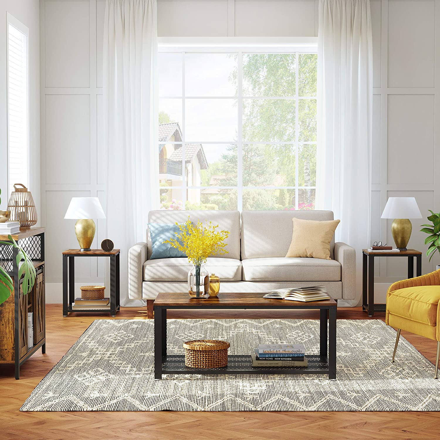 Rustic brown coffee table with metal frame and storage shelf, showcasing a stylish design suitable for any living room.