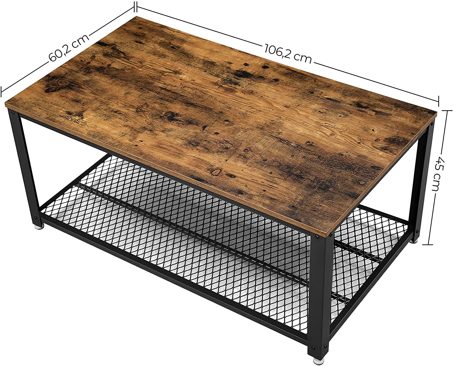 Rustic brown coffee table with metal frame and storage shelf, showcasing a stylish design suitable for any living room.