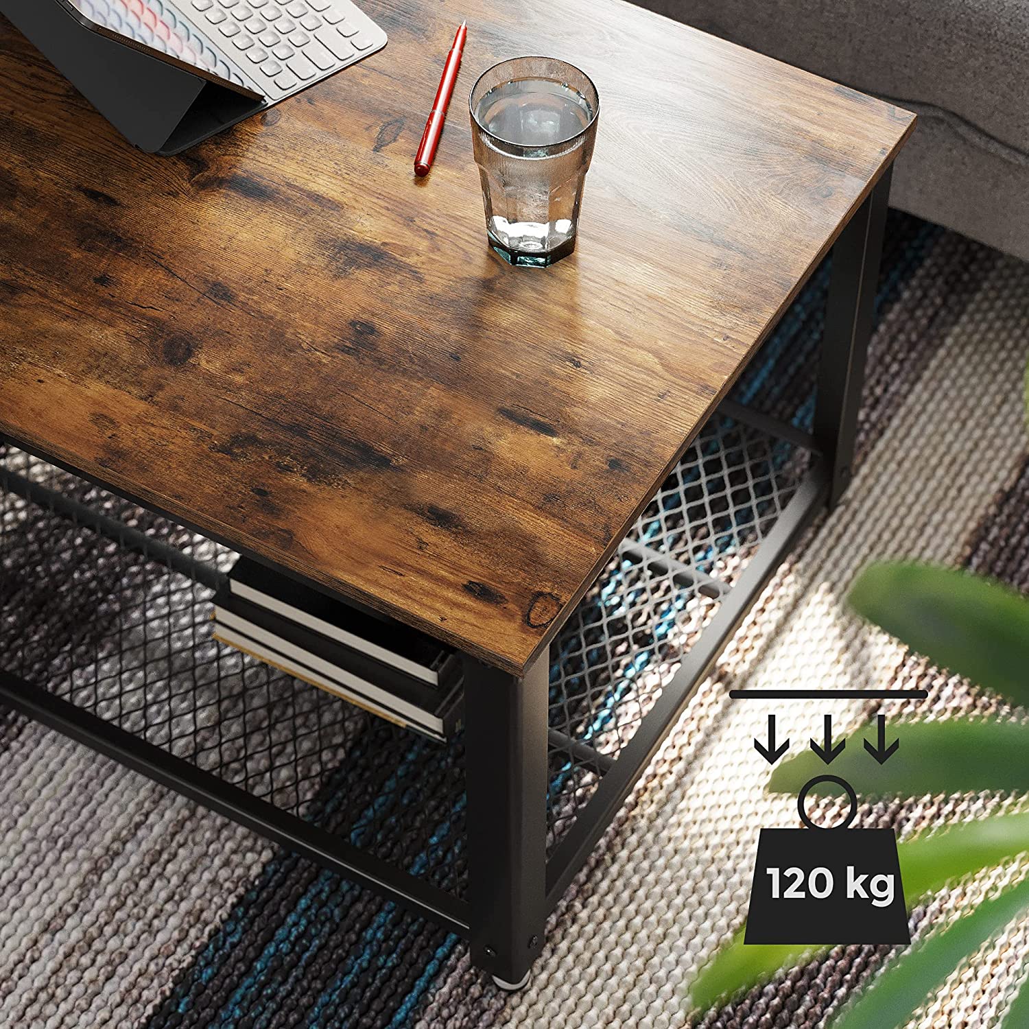 Rustic brown coffee table with metal frame and storage shelf, showcasing a stylish design suitable for any living room.