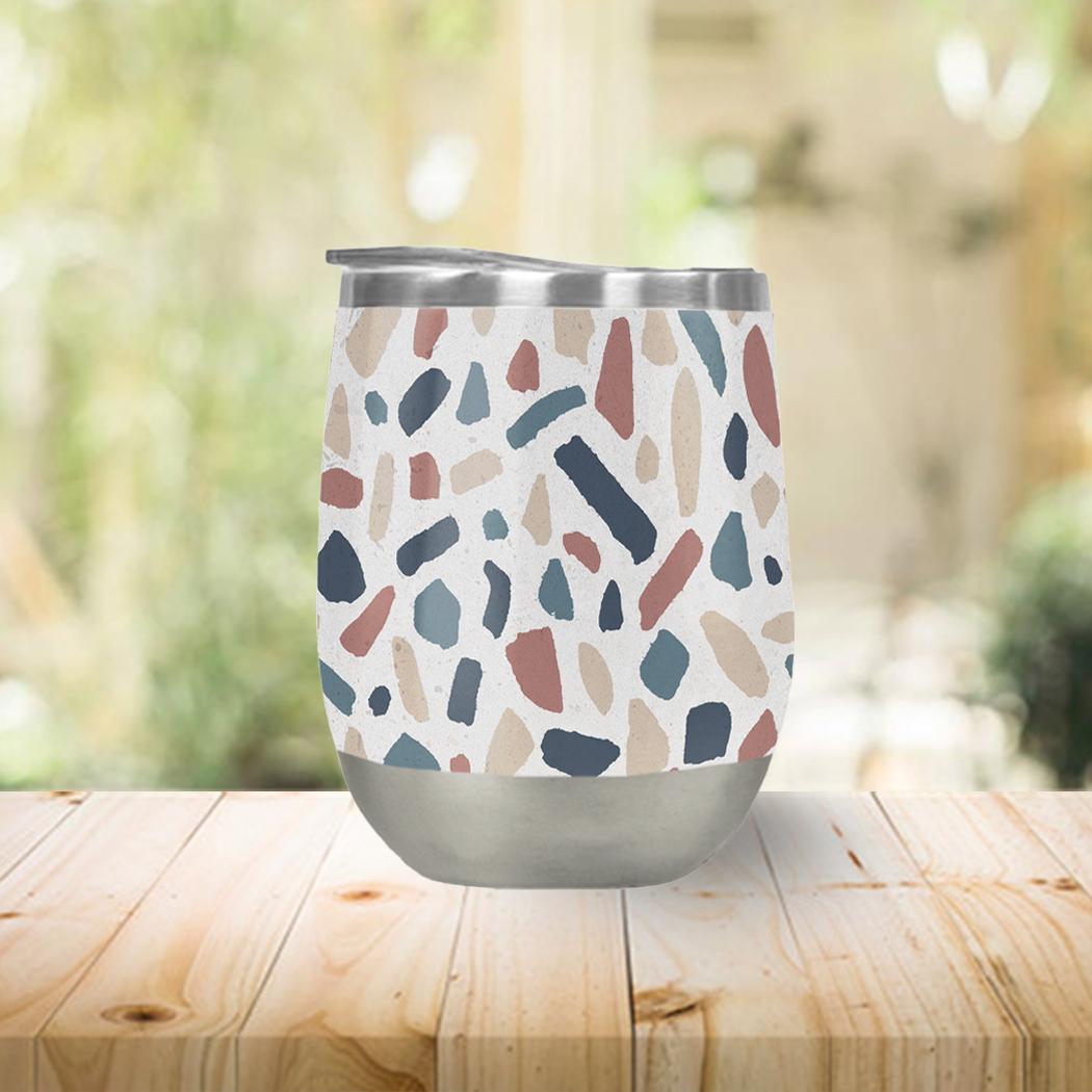 Cool Terrazzo Wine Tumbler in vibrant colors, showcasing its sleek stainless steel design and double-wall insulation.