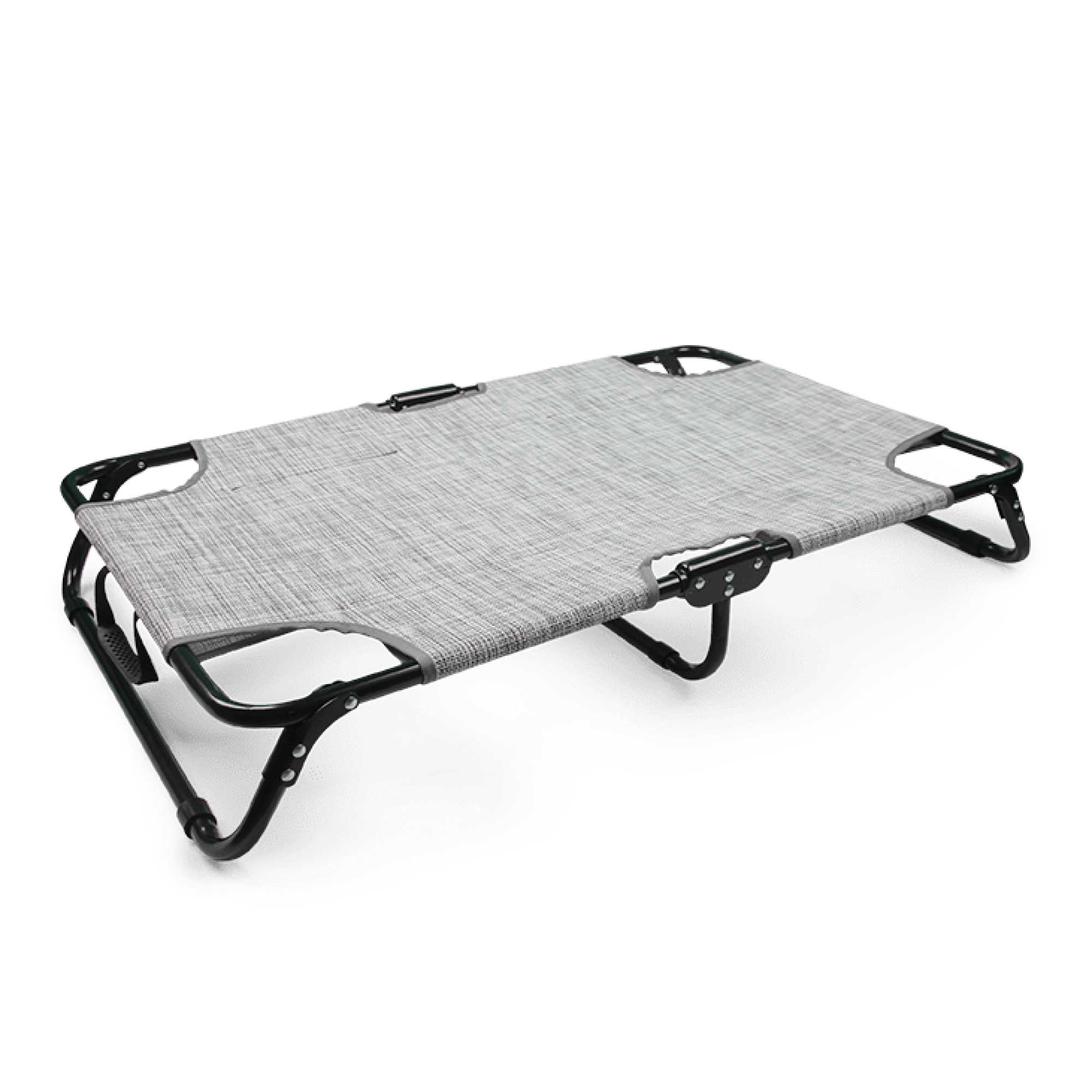 Collapsible Pet Cot L in grey and black, designed for travel with dogs, featuring breathable fabric and sturdy metal legs.