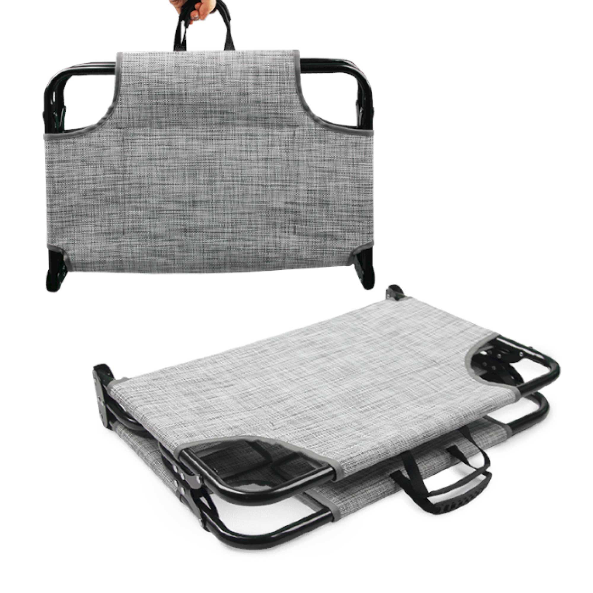 Collapsible Pet Cot L in grey and black, designed for travel with dogs, featuring breathable fabric and sturdy metal legs.