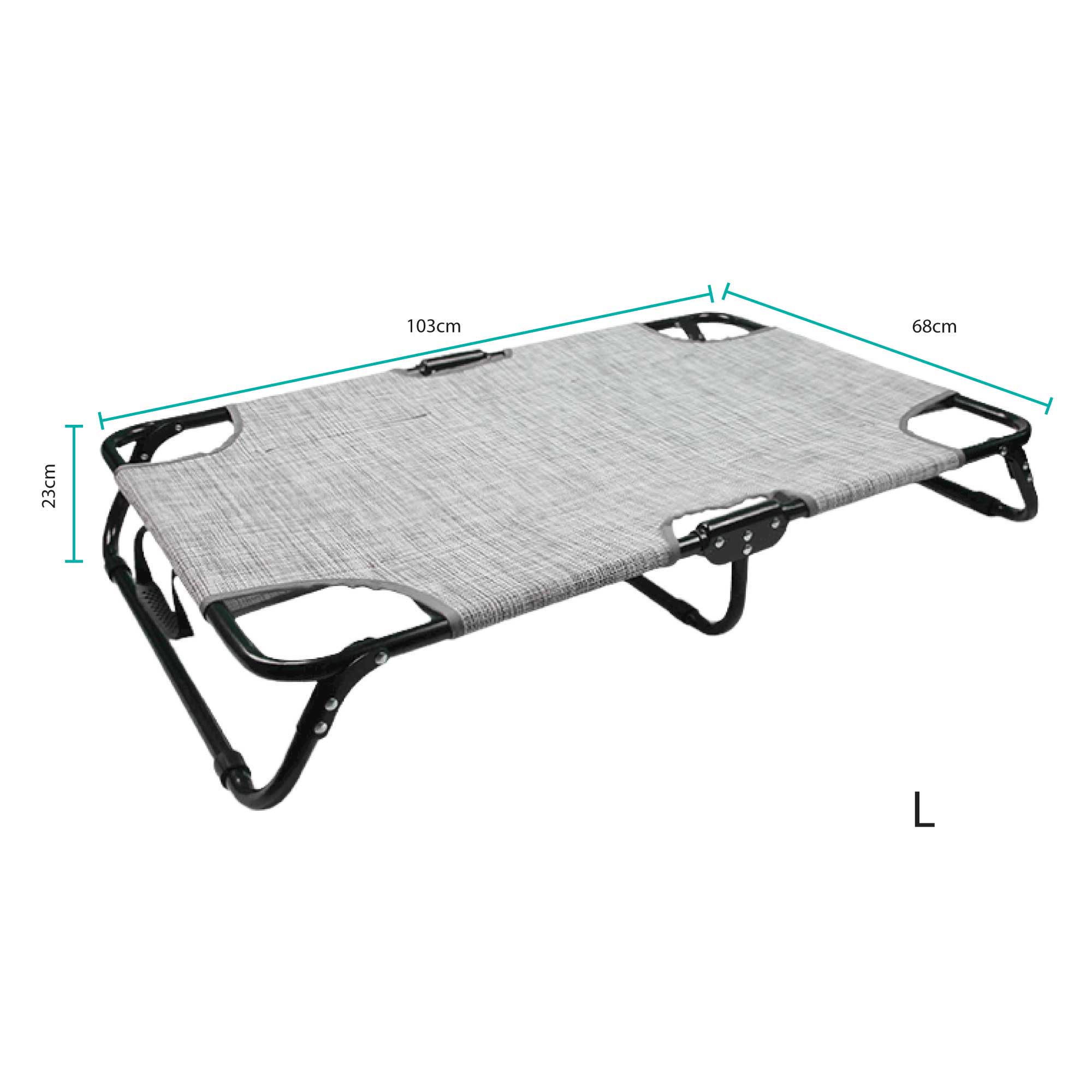 Collapsible Pet Cot L in grey and black, designed for travel with dogs, featuring breathable fabric and sturdy metal legs.