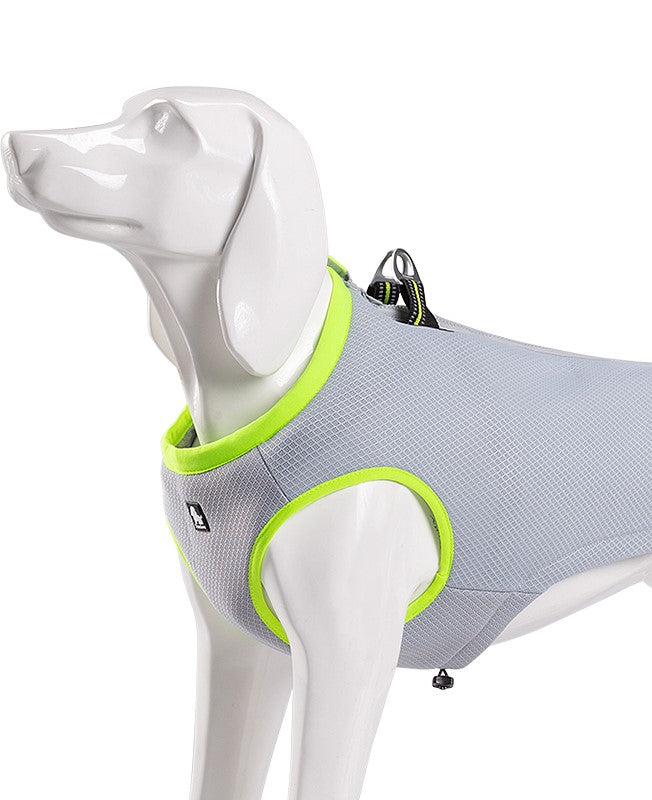 Neon yellow cooling vest for dogs in size 2XL, featuring adjustable zippers and D rings for leash attachment.