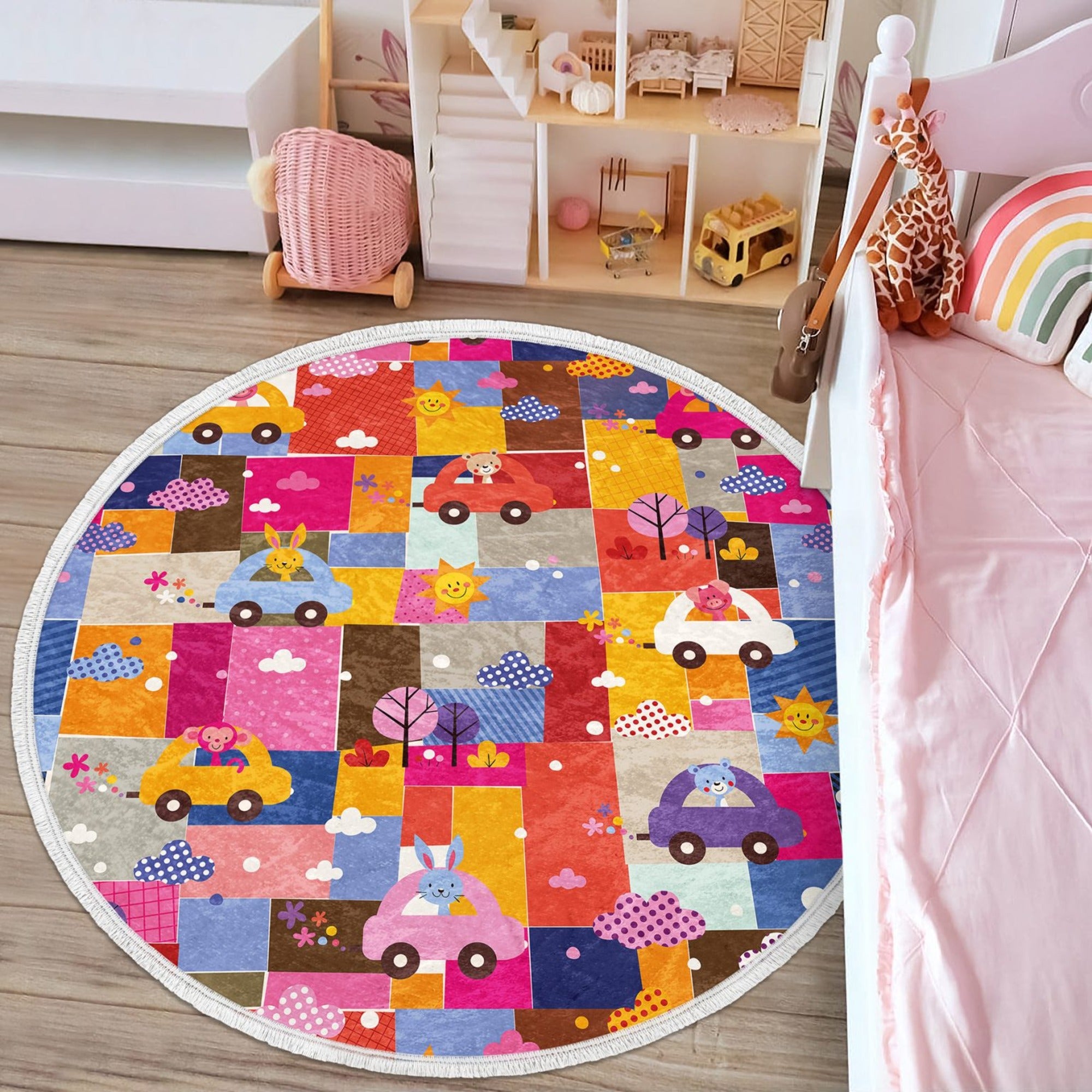 Colorful round rug featuring cute animal prints including a rabbit, monkey, and teddy bear, designed for kids' rooms.