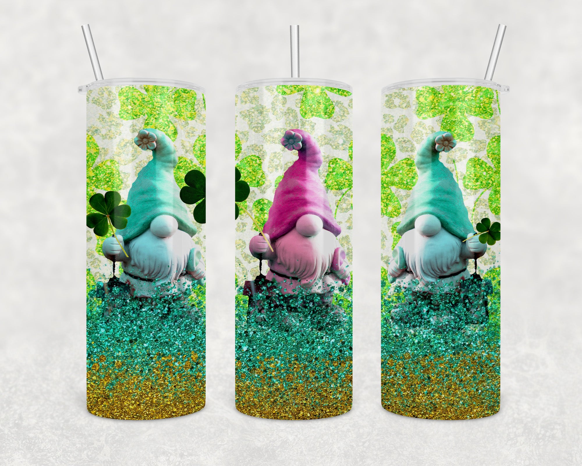 Colorful Gnomes 20oz Skinny Tumbler with stainless steel straw and clear lid, featuring a vibrant gnome design.