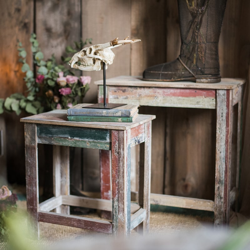 Colorful Solidwood Plant Stand Side Table in vibrant colors, showcasing unique wood patterns and dimensions.