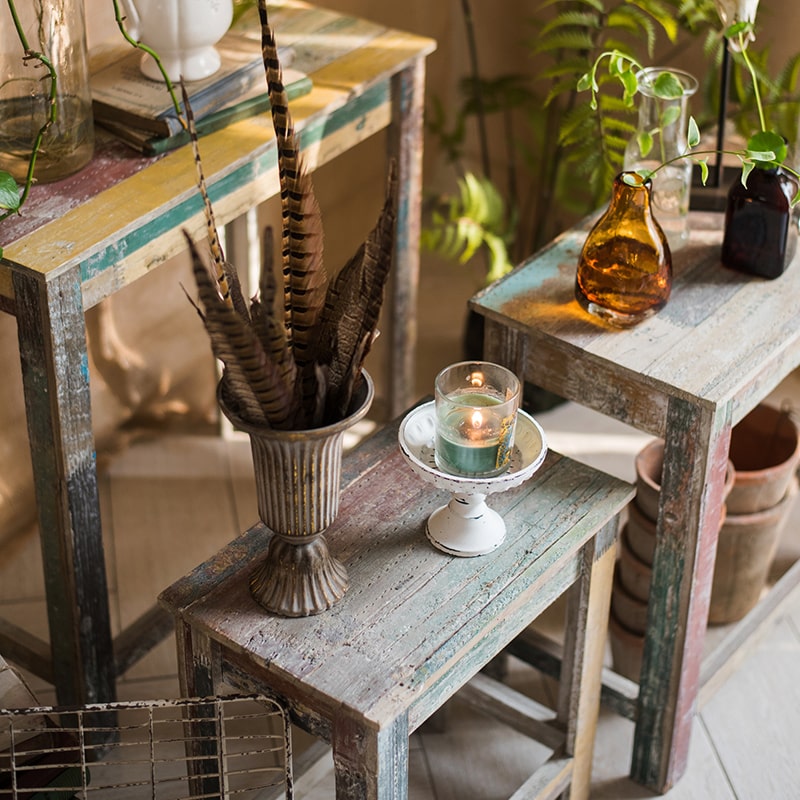 Colorful Solidwood Plant Stand Side Table in vibrant colors, showcasing unique wood patterns and dimensions.