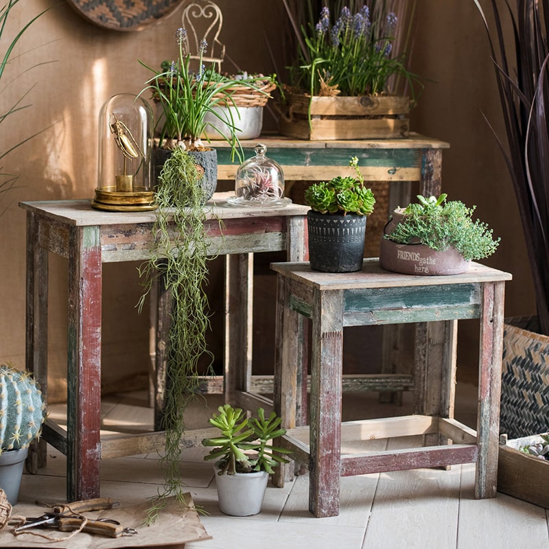 Colorful Solidwood Plant Stand Side Table in vibrant colors, showcasing unique wood patterns and dimensions.