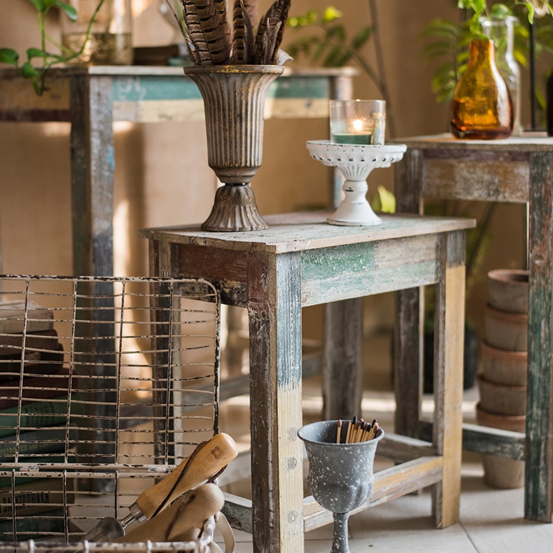 Colorful Solidwood Plant Stand Side Table in vibrant colors, showcasing unique wood patterns and dimensions.