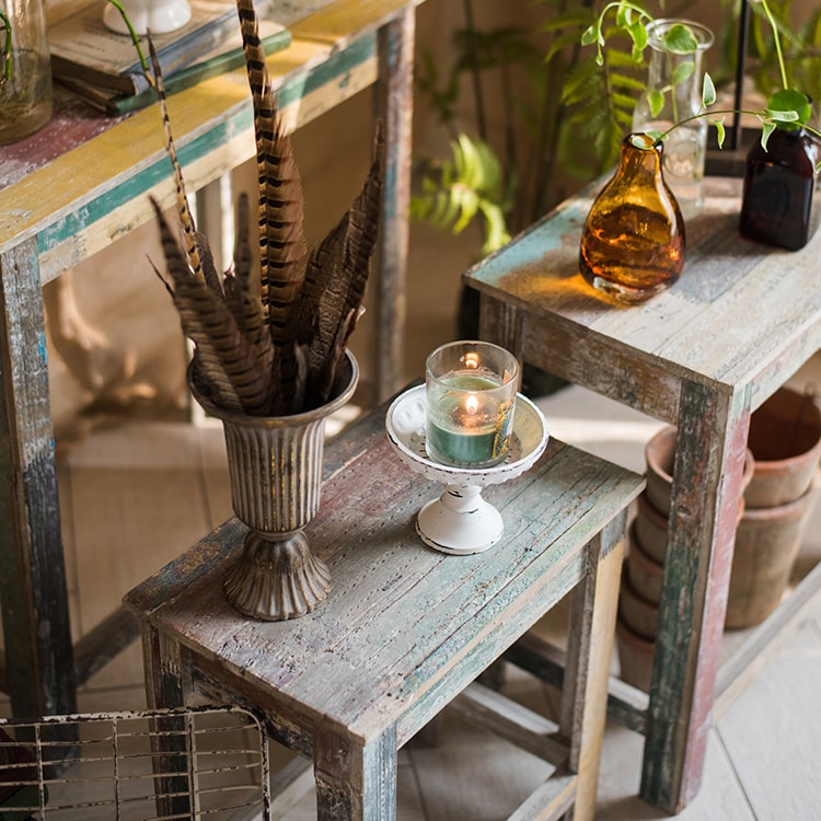 Colorful Solidwood Plant Stand Side Table in vibrant colors, showcasing unique wood patterns and dimensions.