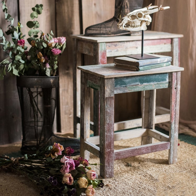 Colorful Solidwood Plant Stand Side Table in vibrant colors, showcasing unique wood patterns and dimensions.