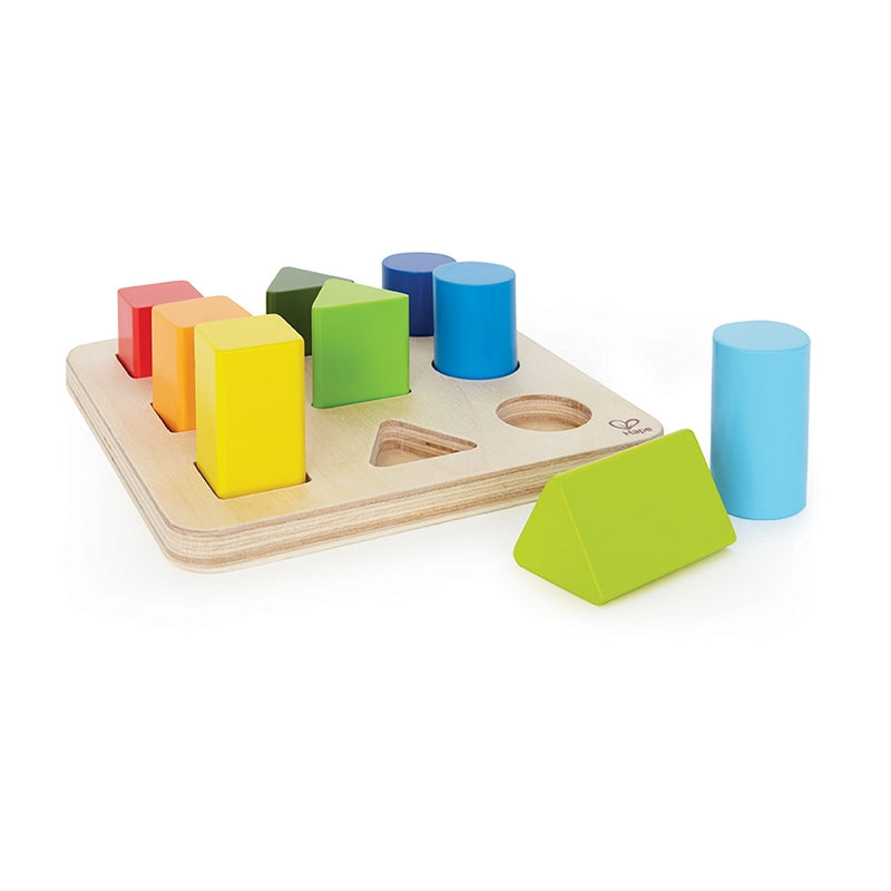 Colour And Shape Sorter toy featuring colorful pegs and holes for sorting and counting activities.