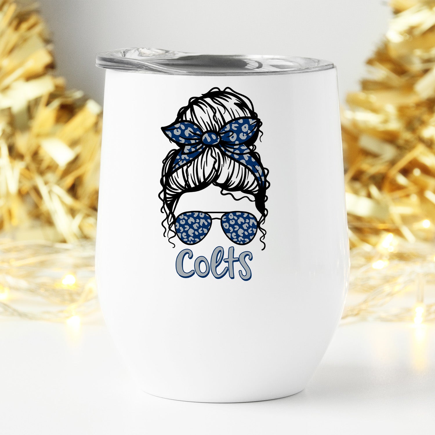 Colts Leopard Messy Bun Wine Tumbler with a stylish leopard print design and a secure lid, perfect for on-the-go sipping.