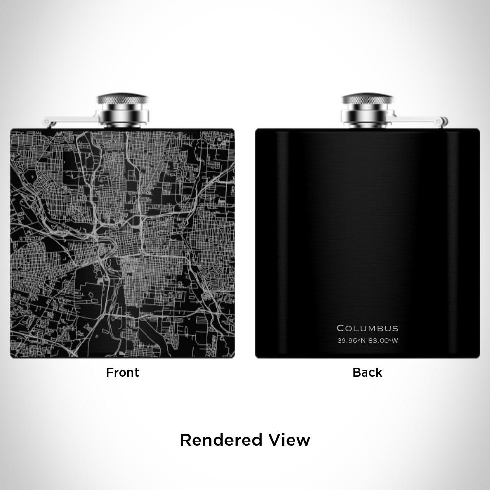 Custom engraved matte black hip flask featuring a map of Columbus, Ohio with coordinates.