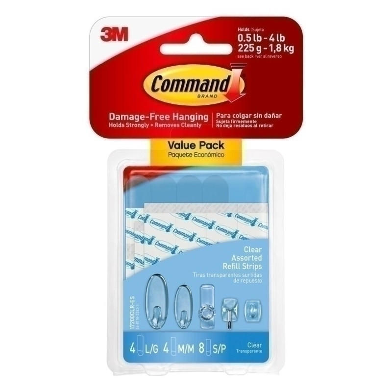 COMMAND Refill Strips 17200CLR box containing various sizes of adhesive strips for damage-free hanging.