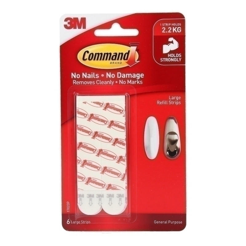 COMMAND Strip 17023P pack of 6 large refill strips in white, designed for easy hanging and organization.