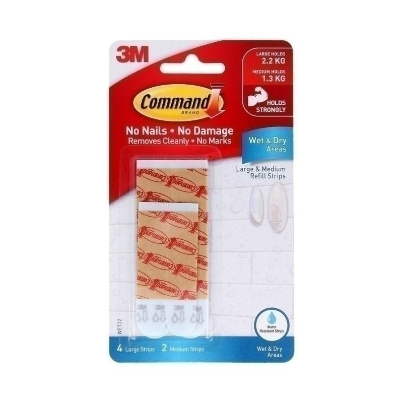 COMMAND Strips Refill WET-22ES Bx6 pack showcasing six adhesive strips for wet and dry surfaces.