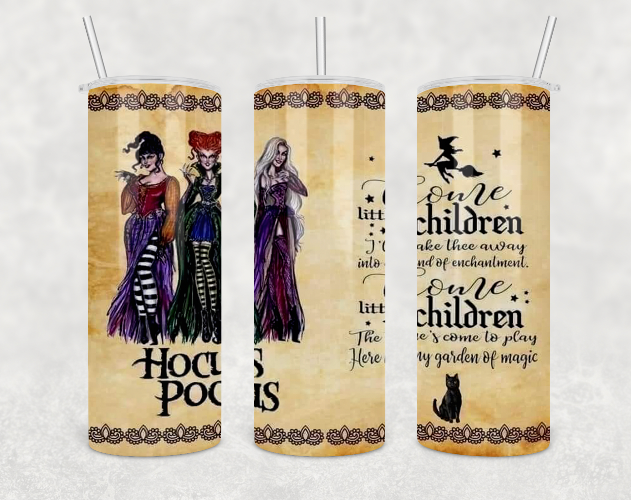 Come Little Children Hocus Pocus 20oz Skinny Tumbler with stainless steel design and clear lid.