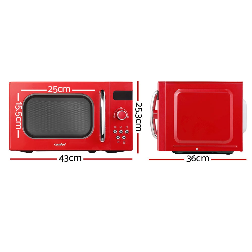 Comfee 20L Microwave Oven in red color with LED display and turntable, showcasing its retro design and user-friendly features.