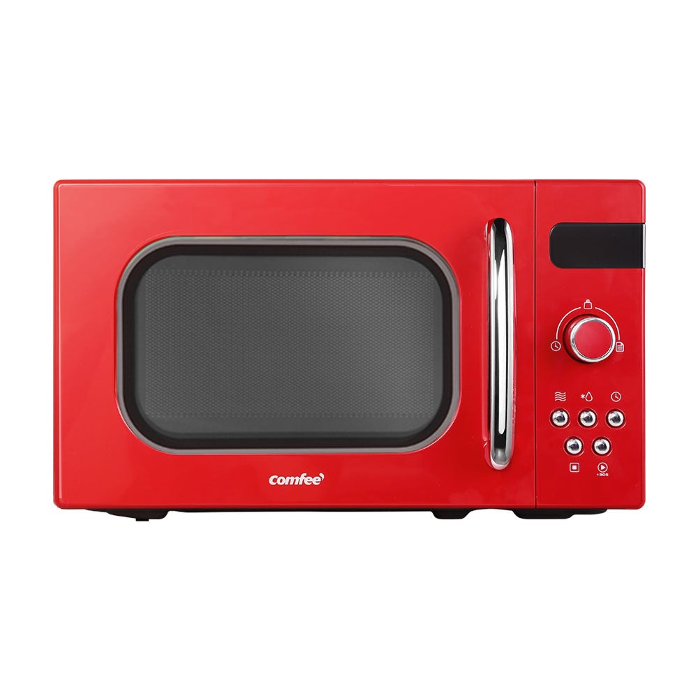 Comfee 20L Microwave Oven in red color with LED display and turntable, showcasing its retro design and user-friendly features.