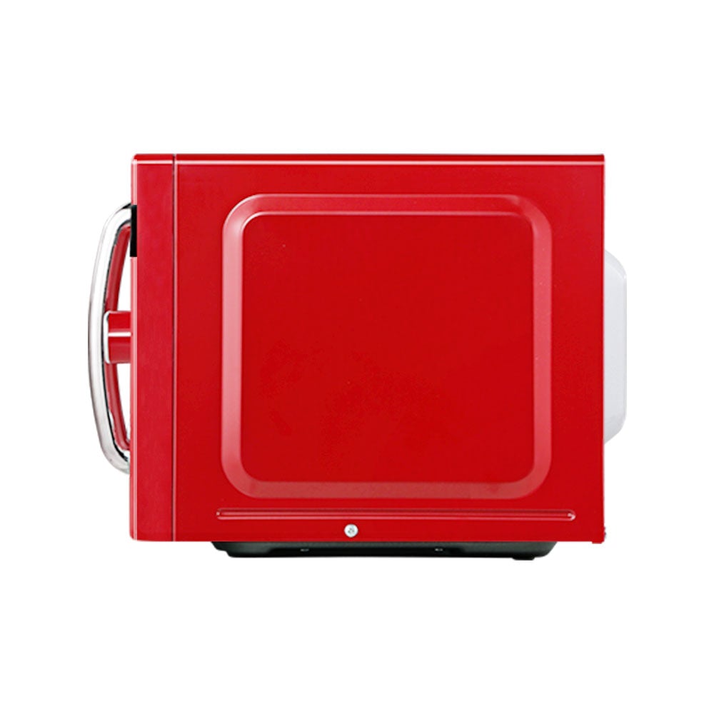 Comfee 20L Microwave Oven in red color with LED display and turntable, showcasing its retro design and user-friendly features.