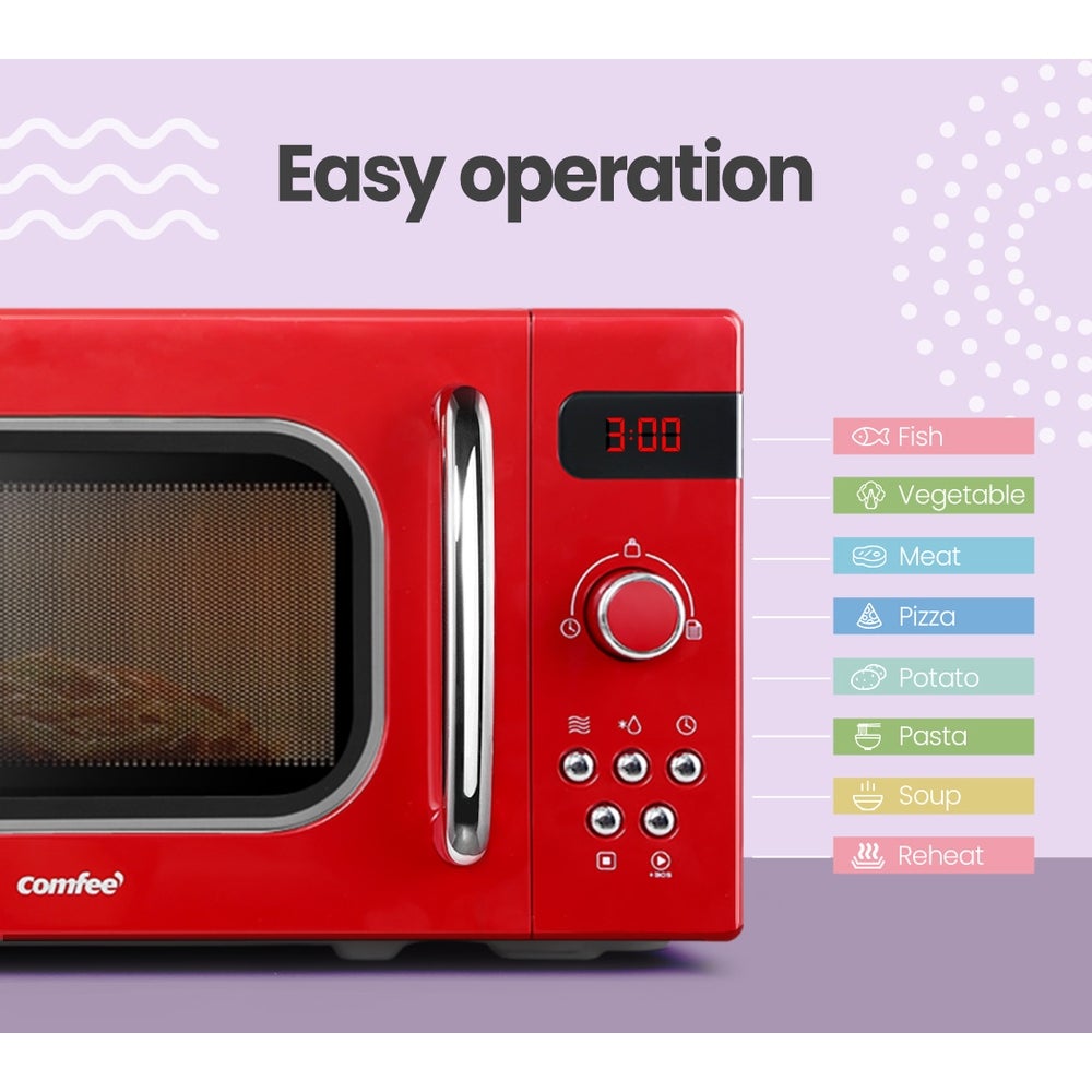 Comfee 20L Microwave Oven in red color with LED display and turntable, showcasing its retro design and user-friendly features.