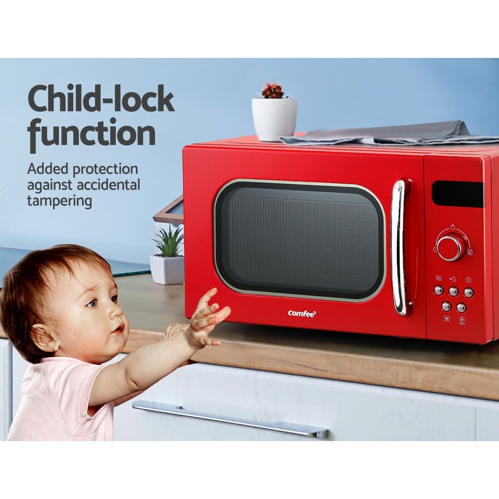 Comfee 20L Microwave Oven in red color with LED display and turntable, showcasing its retro design and user-friendly features.