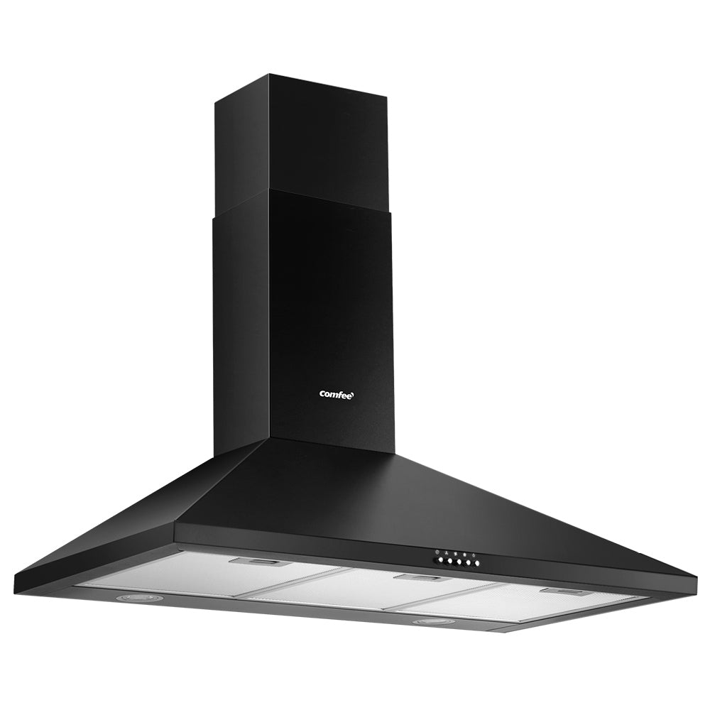 Comfee 900mm Rangehood in black powder-coated finish, wall-mounted with adjustable chimney and LED lights.