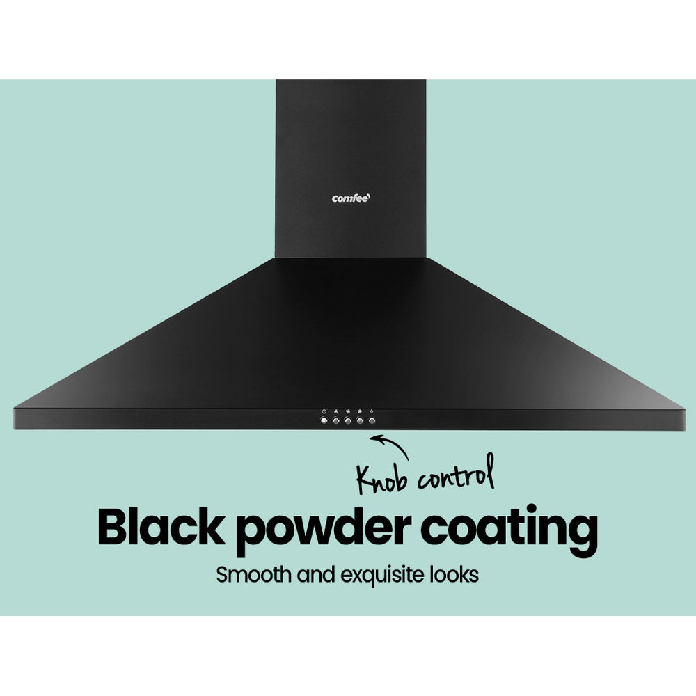 Comfee 900mm Rangehood in black powder-coated finish, wall-mounted with adjustable chimney and LED lights.