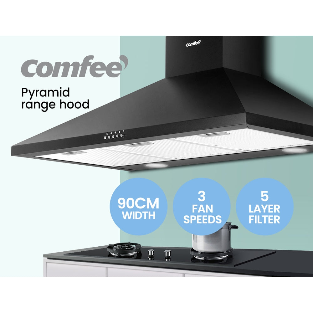 Comfee 900mm Rangehood in black powder-coated finish, wall-mounted with adjustable chimney and LED lights.