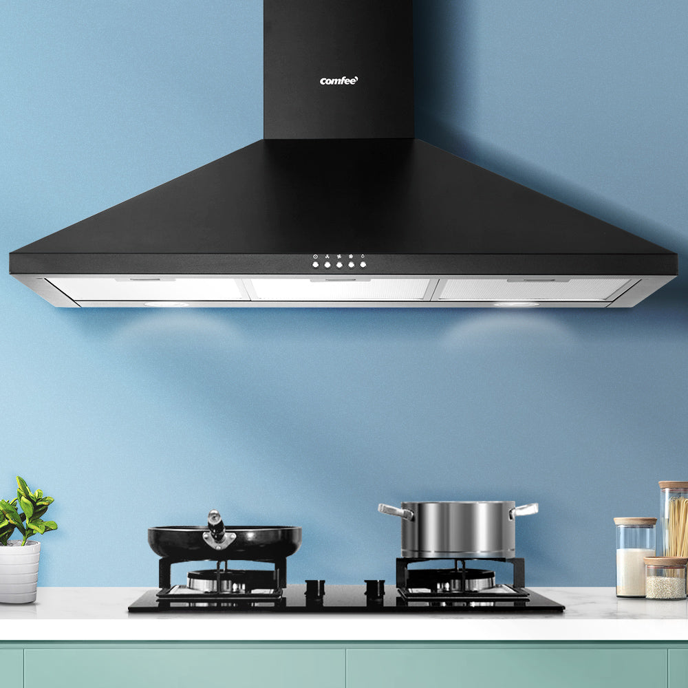 Comfee 900mm Rangehood in black powder-coated finish, wall-mounted with adjustable chimney and LED lights.