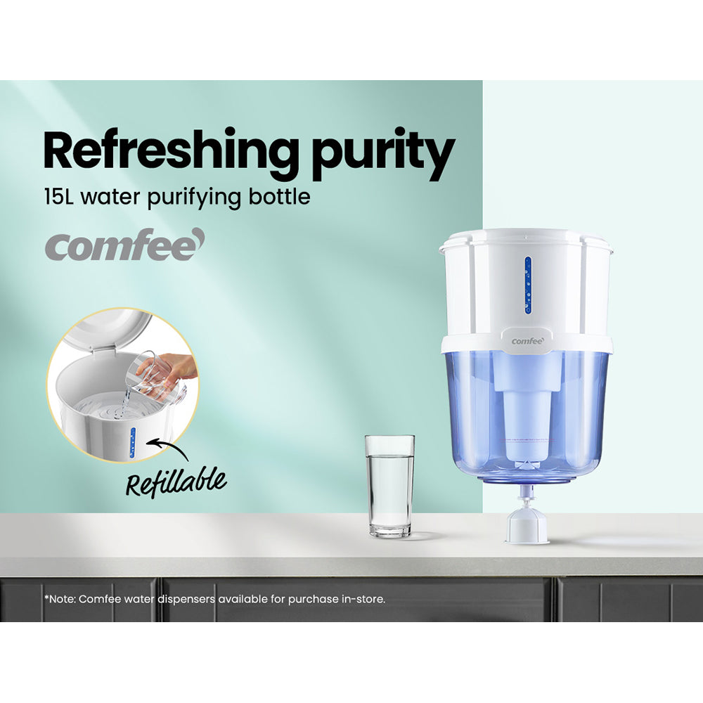 Comfee Water Purifier Dispenser with 15L capacity, featuring a removable lid and advanced filtration system, designed for clean and safe drinking water.