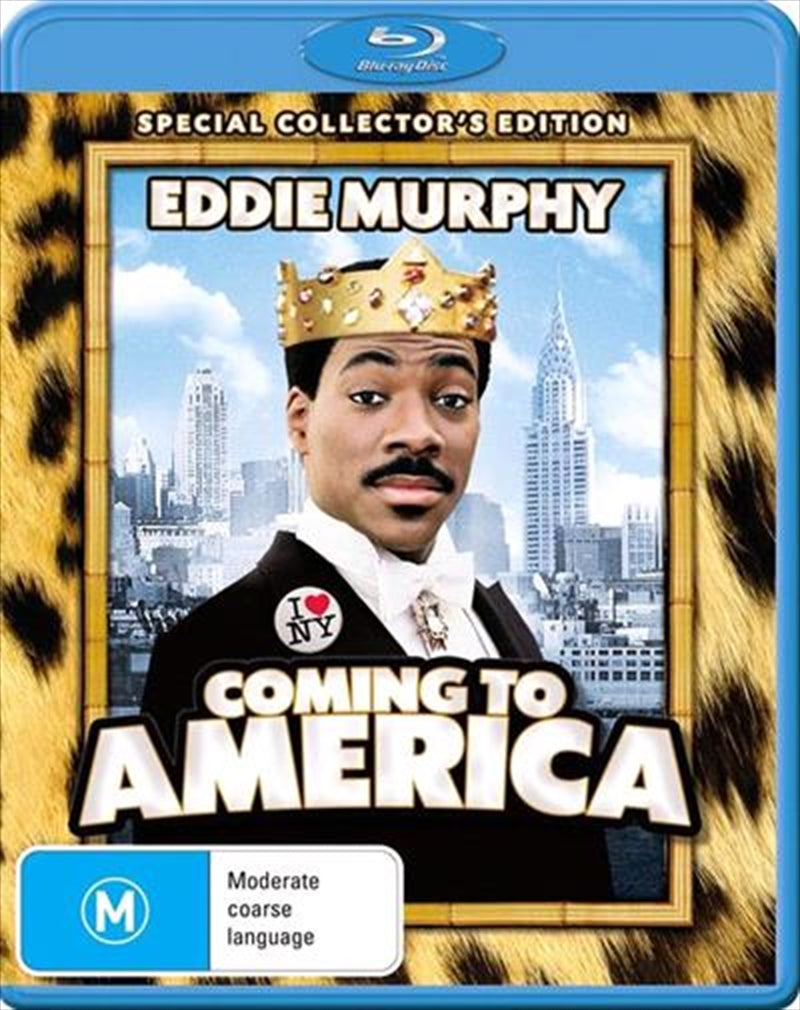 Blu-ray cover of Coming To America featuring Eddie Murphy as Prince Akeem and Arsenio Hall as Semmi, showcasing vibrant colors and iconic imagery.