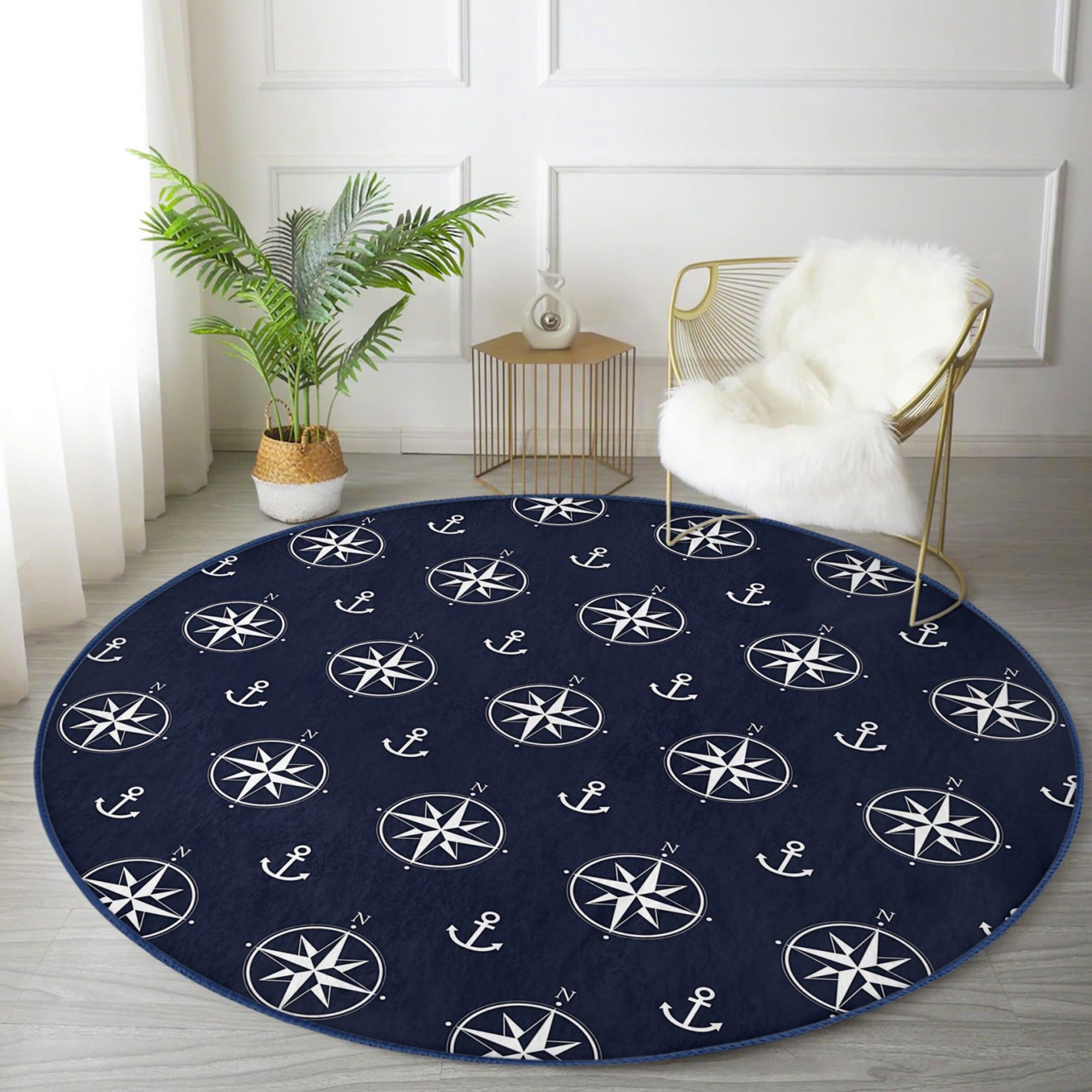 Compass Pattern Blue Washable Round Rug featuring a stylish design and soft velvet fabric, perfect for home decor.