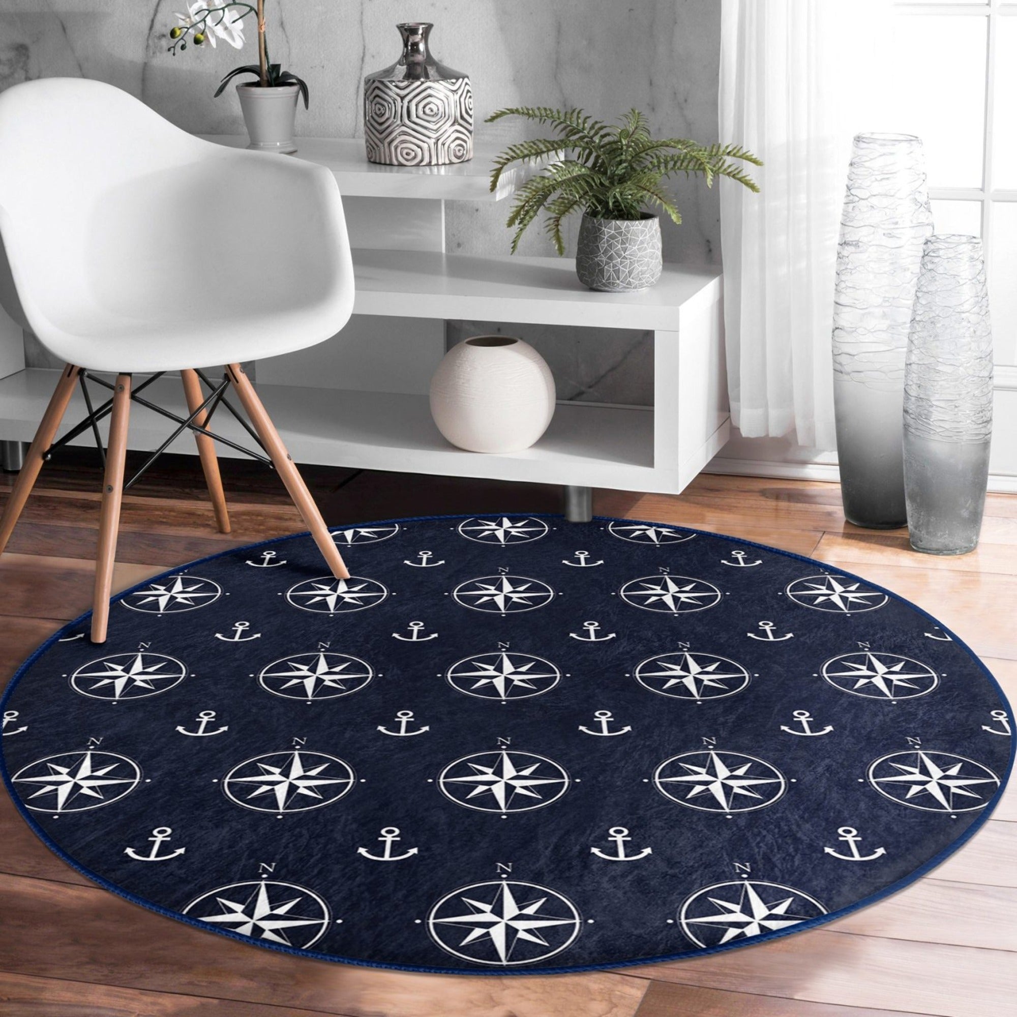 Compass Pattern Blue Washable Round Rug featuring a stylish design and soft velvet fabric, perfect for home decor.