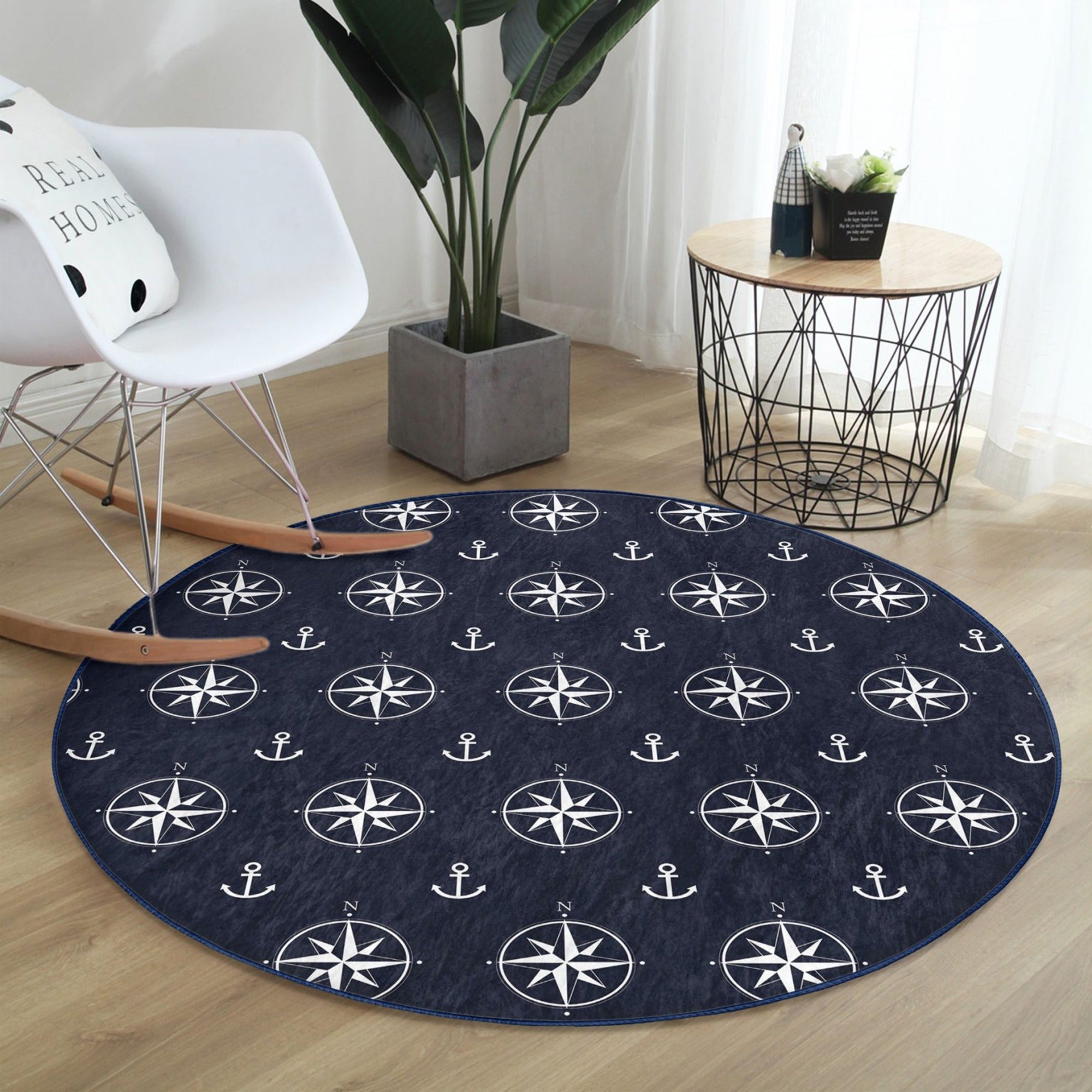 Compass Pattern Blue Washable Round Rug featuring a stylish design and soft velvet fabric, perfect for home decor.