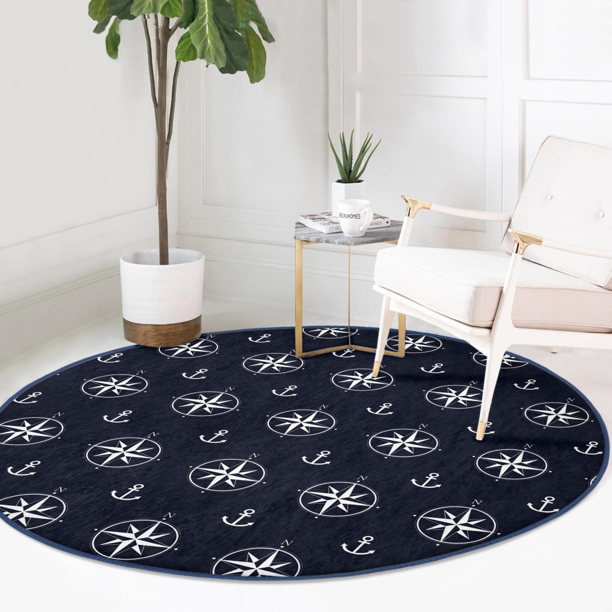 Compass Pattern Blue Washable Round Rug featuring a stylish design and soft velvet fabric, perfect for home decor.