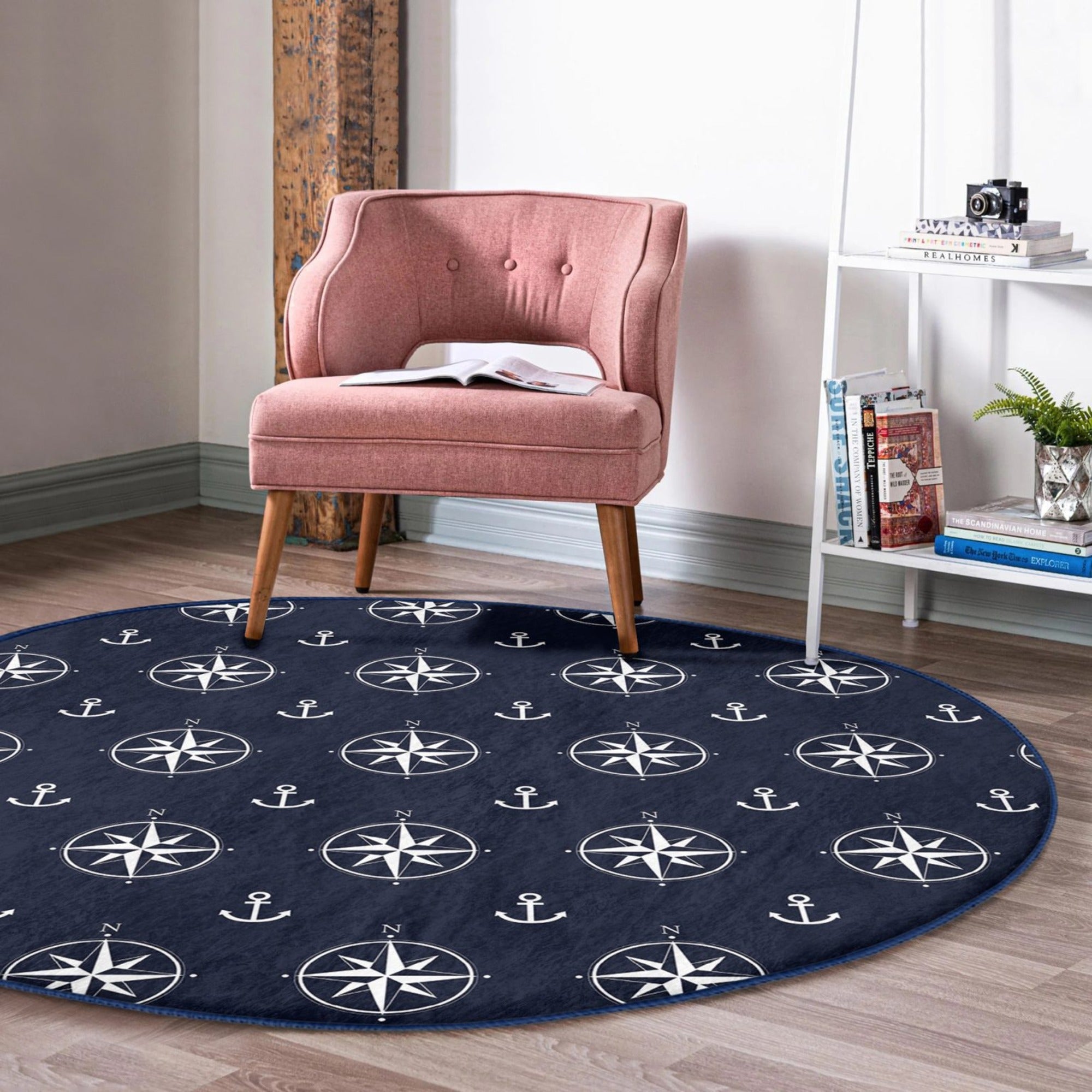 Compass Pattern Blue Washable Round Rug featuring a stylish design and soft velvet fabric, perfect for home decor.