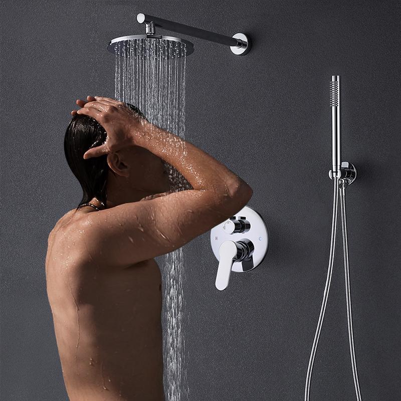 Concealed Shower Set Mixer with 8-inch top spray head and handheld shower, showcasing a sleek chrome finish and durable brass construction.