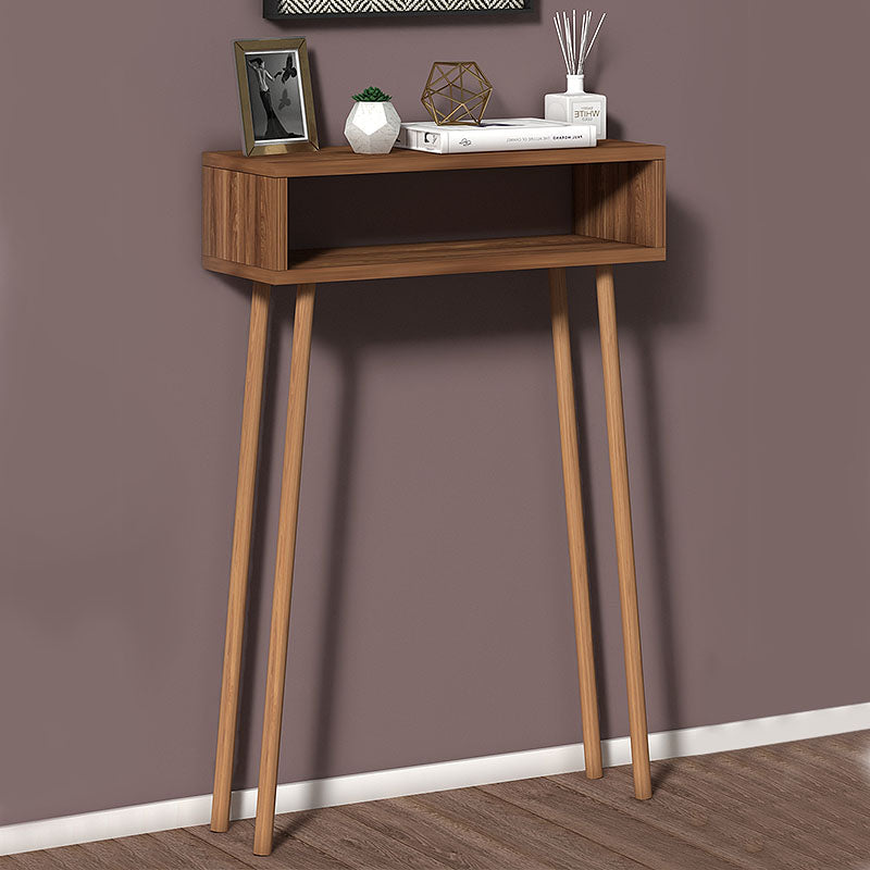 Console BELLA in walnut color with solid beech wood legs and a shelf underneath, showcasing a modern design.