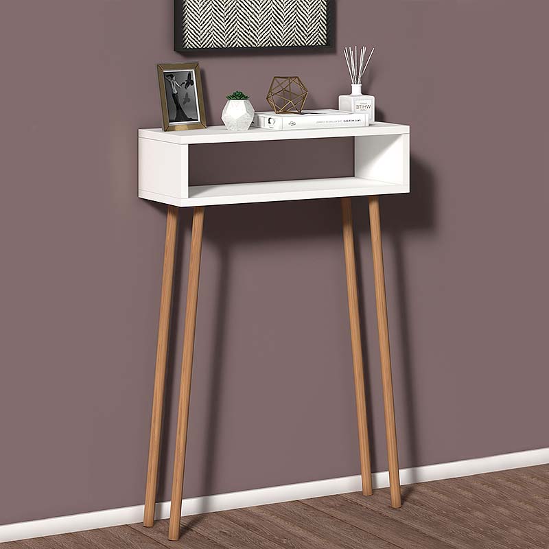 Elegant white Console BELLA with solid beech wood legs and under-shelf, perfect for home or office use.