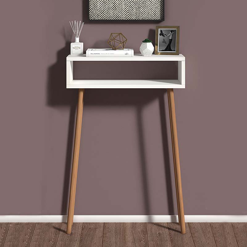 Elegant white Console BELLA with solid beech wood legs and under-shelf, perfect for home or office use.