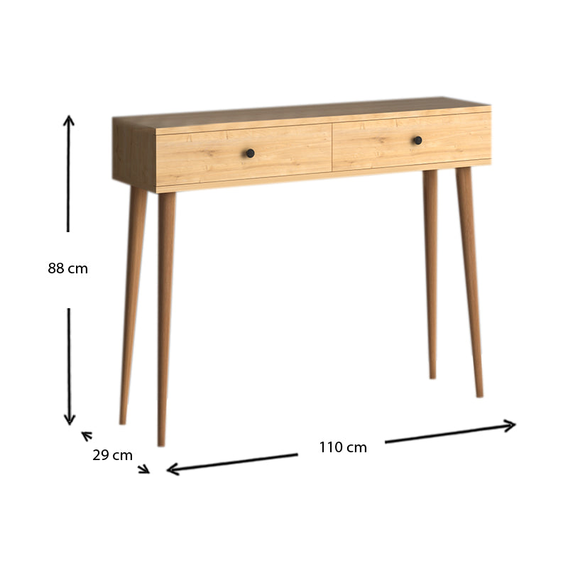 Console DOTTS in oak color, featuring two cabinets and solid beech wood bases, measuring 110x29x88 cm.