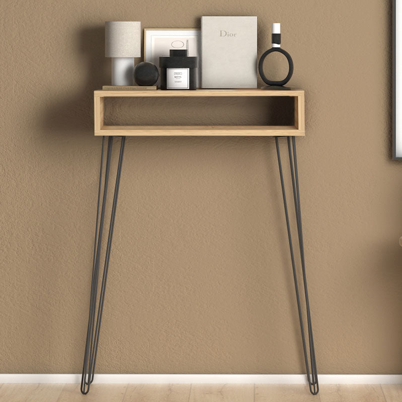 Console EMILIO in oak finish, featuring a sleek design with a protective varnish surface and a shelf underneath.