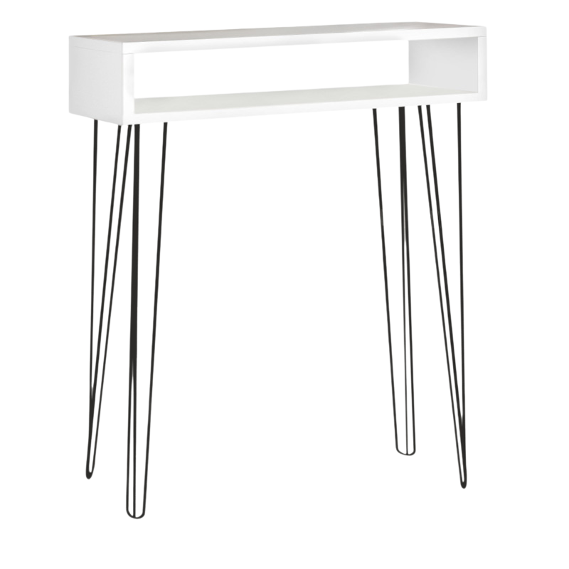 Console EMILIO in white, featuring a sleek melamine surface and sturdy steel legs, measuring 60x22x88 cm, with an additional shelf underneath.