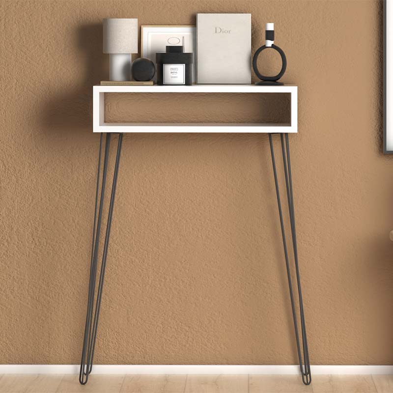 Console EMILIO in white, featuring a sleek melamine surface and sturdy steel legs, measuring 60x22x88 cm, with an additional shelf underneath.