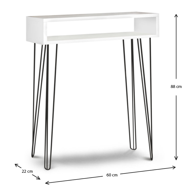 Console EMILIO in white, featuring a sleek melamine surface and sturdy steel legs, measuring 60x22x88 cm, with an additional shelf underneath.